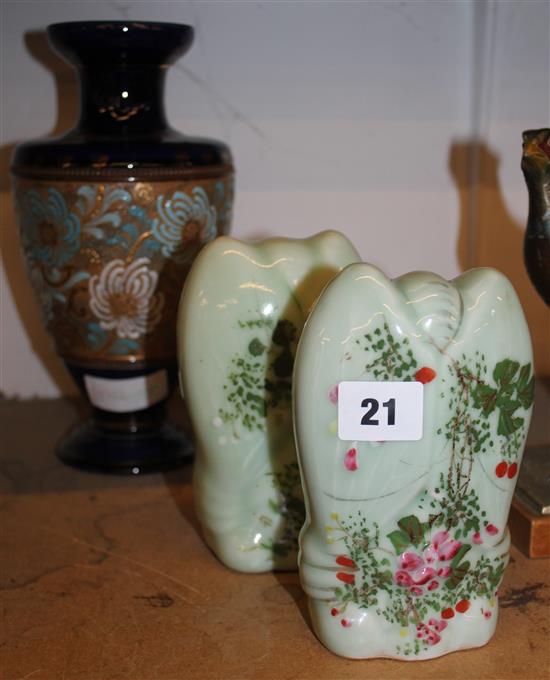 Doulton vase and pair wall pockets